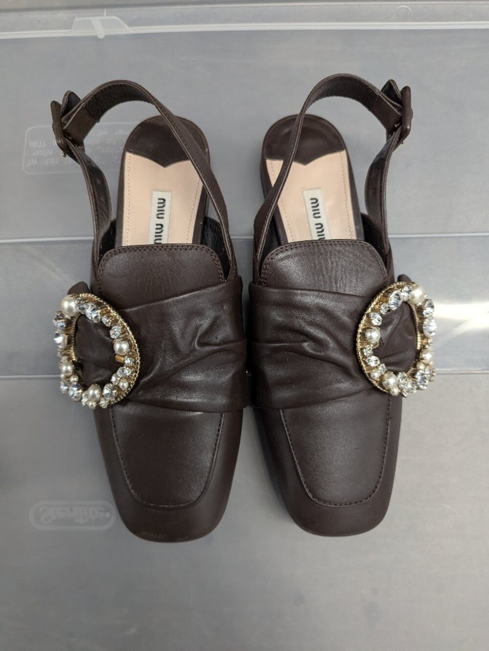 Miu Miu Crystal Buckle Leather Slingback Shoes